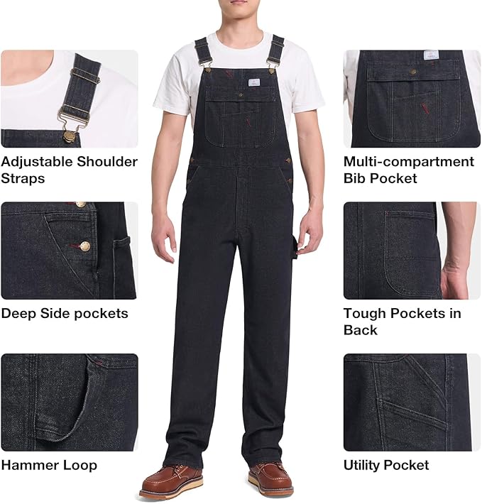 HISEA Mens Denim Bib Overalls, Men's Regular Fit Overall Flex Workwear with Adjustable Straps and Convenient Tool Pockets