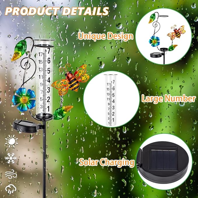 Rain Gauge Outdoor,Decorative Bee Rain Solar Powered Rain Gauges with 7” Glass Tube Water Rain Measure Gauge for Yard Patio Lawn Decor