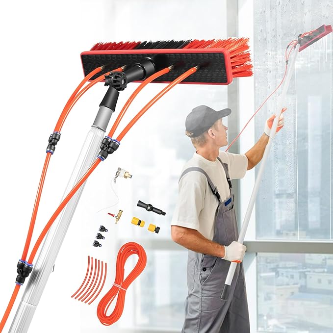 26Ft Long Water Fed Pole Brush Solar Panel Cleaning Brush Telescopic High Reach Window Cleaning Pole Aluminum Outdoor Window Cleaner Extendable Cleaner Tool for Window Glass/Solar Panel