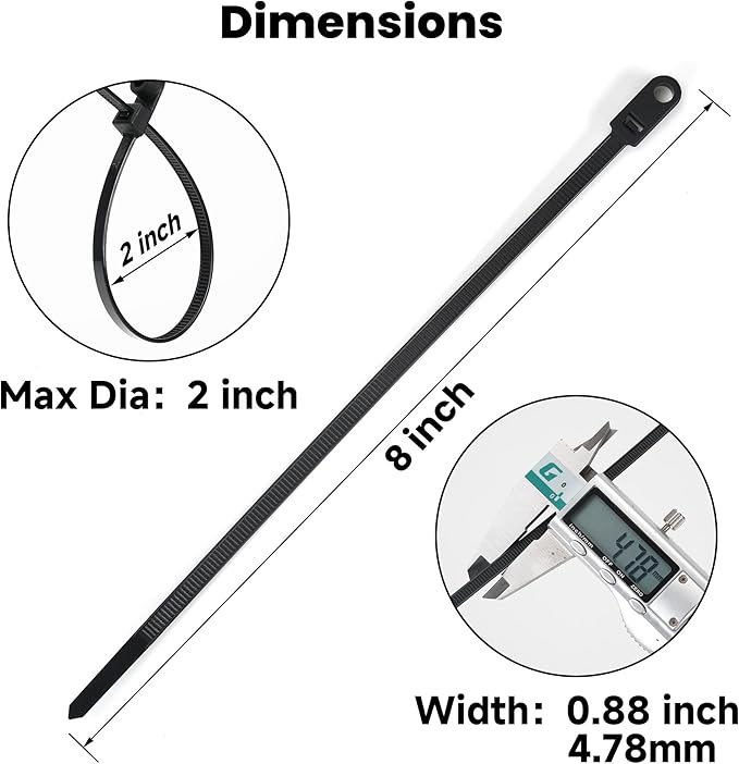 Heavy Duty Zip Ties with Screw Hole, 75lbs Tensile Strength, 7.5 Inch Mountable Cable Ties for Indoor & Outdoor Use, 50PCS Black Nylon Universal Cable Tie Buckle