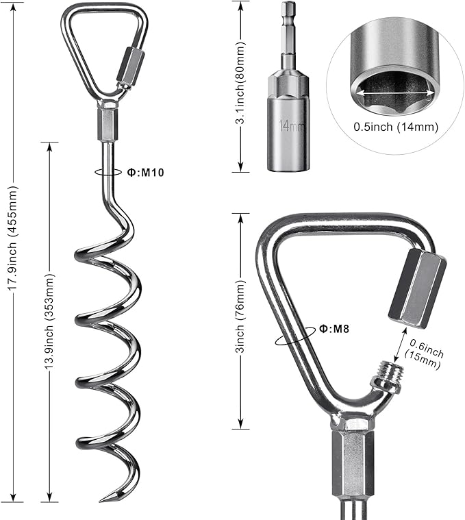 17" Heavy Duty Ground Anchors Screw in - 4 Pack Chrome Plated with Reinforced Triangle Bracket for Trampoline, Swing Set, Shed, Mobile Home, Carport - High Wind Resistance for All Soil Types