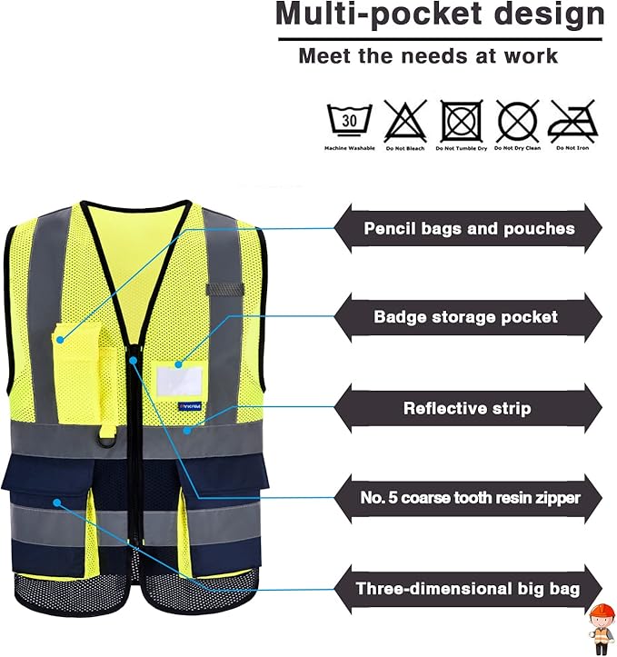 7 Pockets Hi Viz Zipper Front Working Safety Vest with Reflective Strips, Multiple Colors Available, Yellow&Navy, XXL