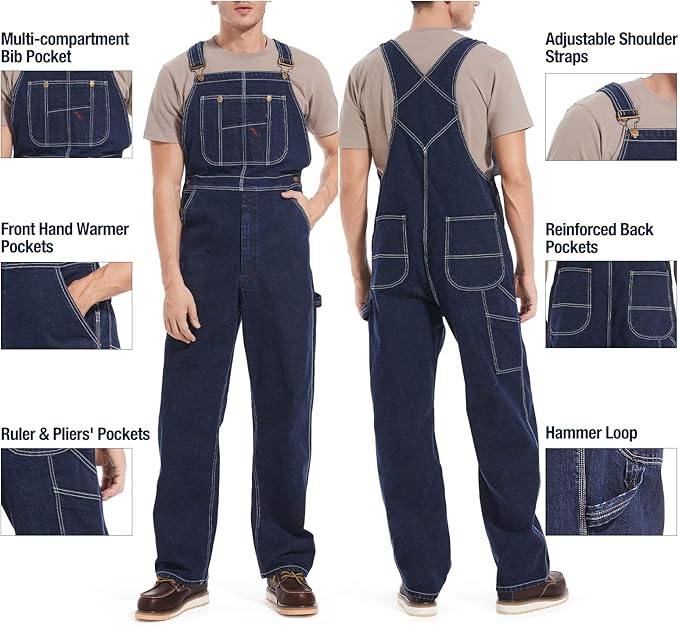 HISEA Men's Denim Bib Overalls, Men's Overalls Workwear with Adjustable Straps and Convenient Tool Pockets