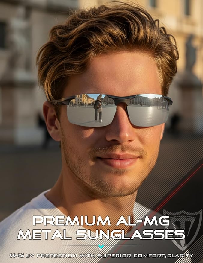 ATTCL Polarized Sunglasses Men Sports: UV Protection Anti Glare Wrap Around Lightweight Metal Driving Fishing Golf Running