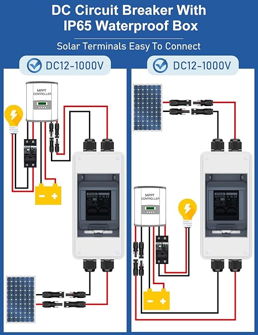 DIHOOL DC 1000V Circuit Breaker, Non Polarized, 60 Amp, 2 Pole, AC DC Disconnect Switch Box Outdoor, Battery Cutoff Isolator, PV Array MCB