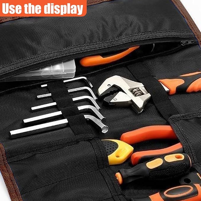 23 Pocket Car Tool Bag Roll Up Organizer - Portable Wrench Organizer & Tools Storage Bag with Zipper Pouch - Roll Up Tool Pouch with Easy-Grab Handle for Men Dad Boyfriend Mechanic (Black)