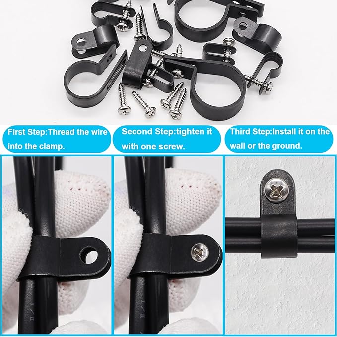 TWTADE 306PCS Black Cable Clamps Nylon Plastic R-Type 6 Sizes 3/16'' 1/4'' 3/8'' 1/2'' 3/4'' 1'' Cable Mounting Wire Clips Assortment Kit with Screws for Wire Management H-049