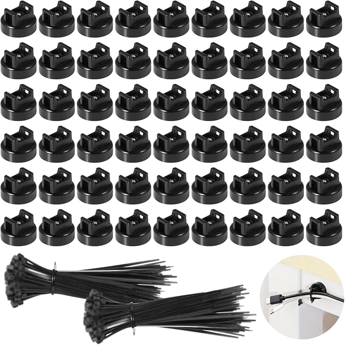 Magnetic Cable Zip Tie Mounts, 70 Pcs Magnet Bases with 300 Pcs Cable Ties, Multipurpose Wire Management Organizer for Desk PC Home Office, Adhesive-Free Cable Clips Holder
