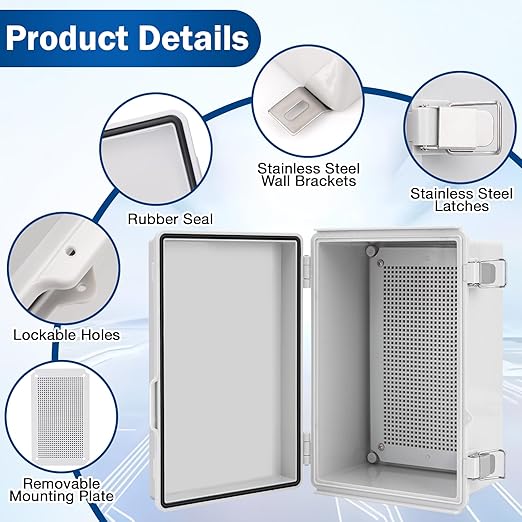 WISYOK Waterproof Outdoor Electrical Box, 11"x7.5"x5.5" Weatherproof IP67 ABS Junction Box with Mounting Plate, Hinged Cover, Wall Brackets, Grey Enclosure for Outdoor Projects