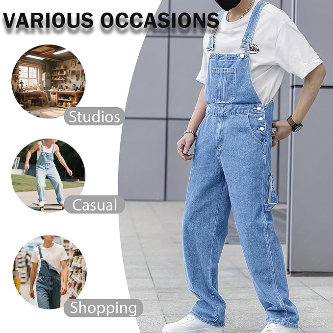 Men's Bib Overall Relaxed Fit Adjustable Strap Denim Work Pants with Large Pockets Durable Comfortable Jumpsuit for Men