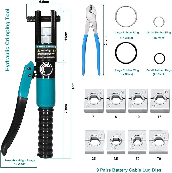 10 Tons Hydraulic Crimping Tool and Cable Cutter, Hydraulic Crimper, Battery Cable Crimper Tool for 12 AWG to 2/0 AWG Battery Terminals, with 9 Dies