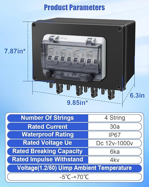 Solar Panel Disconnect Switch 4 String 32 Amp DC Circuit Breaker Box, Waterproof IP67 Solar Combiner Box with MC4 Connectors for Grid-Connected and Off-Grid Systems, 4 in 4 Out