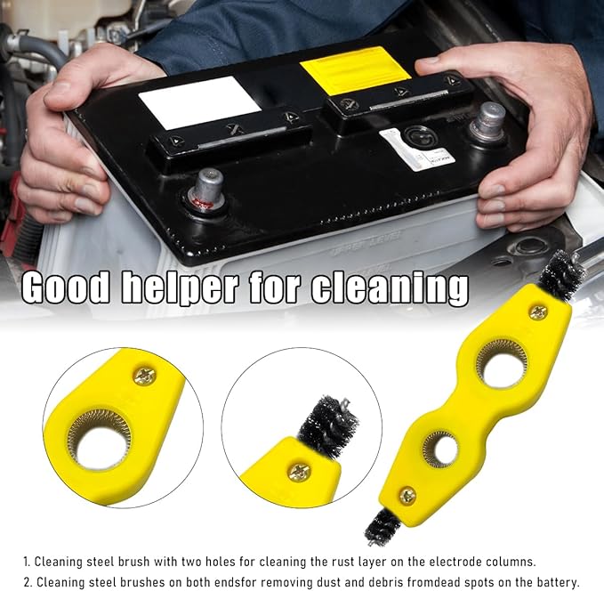 Car Battery Terminal Cleaning Brush, 4 in 1 Steel Wire Brush for Battery Terminal Cleaning, Anti-Corrosion Auto Machine Part Battery Terminal Cleaning Tool, Car Accessories (Yellow)