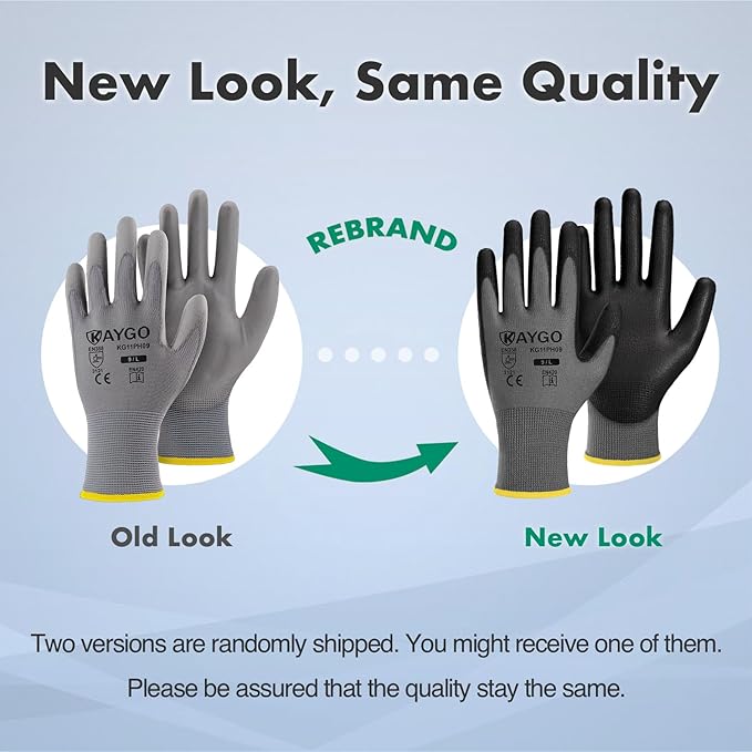 KAYGO Work Gloves for Men and Women,12 Pairs Seamless Knit PU Coated Safety Gloves, with Smooth Grip on Palm and Fingers, Ideal for Light Warehouse, Manufacturing, Gardening, KG11P (L,Gray)