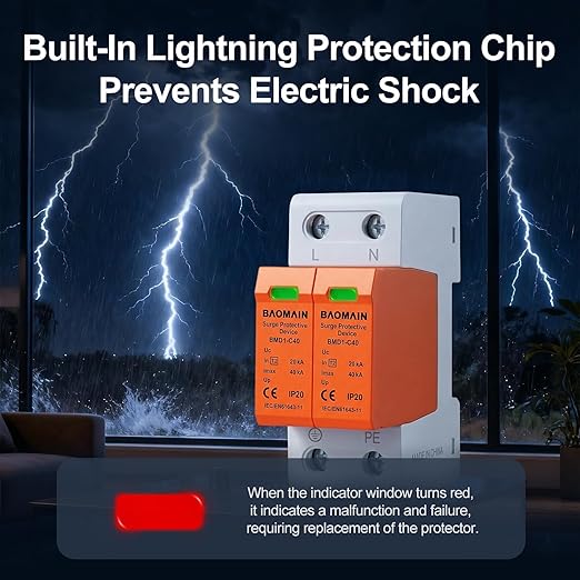 Baomain 2P (1P+N) Surge Protective,275V AC 40kA,BMD1-C40 Single-Phase SPD with Neutral Protection,DIN Rail Mounting,Flame Retardant Housing
