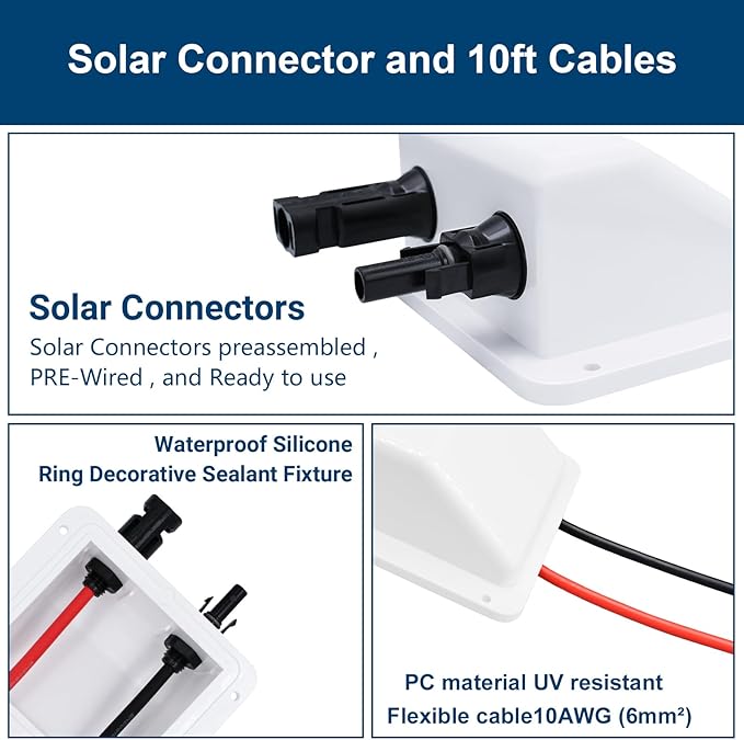Solar Cable Entry Gland with 0.33Ft 10AWG Solar Extension Cable, UV Resistance, Dual Solar Junction Box with Connectors on RV, Boat, Van, Camper(White)