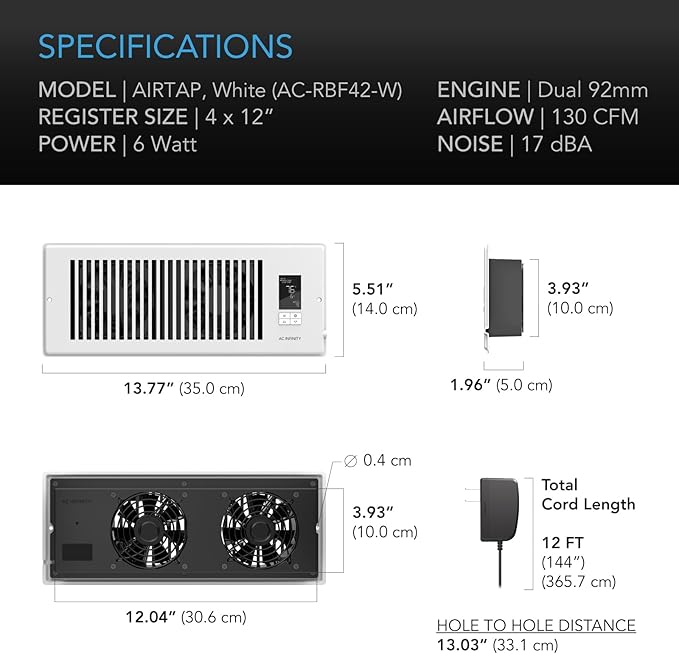 AC Infinity AIRTAP T4 White, Register Booster Fan for 4” x 12” Register Holes, Improves Heating & Cooling Vents, Quiet 10-Speeds, Bluetooth App Control Data Alerts. ONLY FITS 4” x 12” Duct Openings