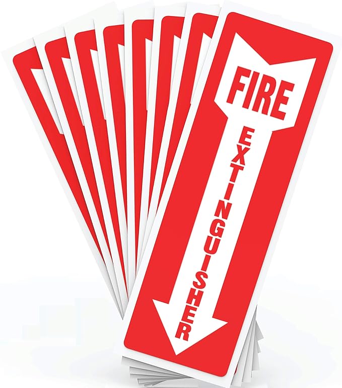 Fire Extinguisher Signs, Safety Sign Sticker - 8 Pack - 4" X 12" - 5 Mil Vinyl Bright Red and White Colors - Durable Self Adhesive, Weatherproof & UV Protected Ideal for Home, Office or Boat