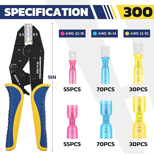 haisstronica 310PCS Heat Shrink Wire Connectors Set, 22-10AWG Marine Grade Heat Shrink Spade Connectors with 9" Crimping Tool and Organizer (3Color/6Size)