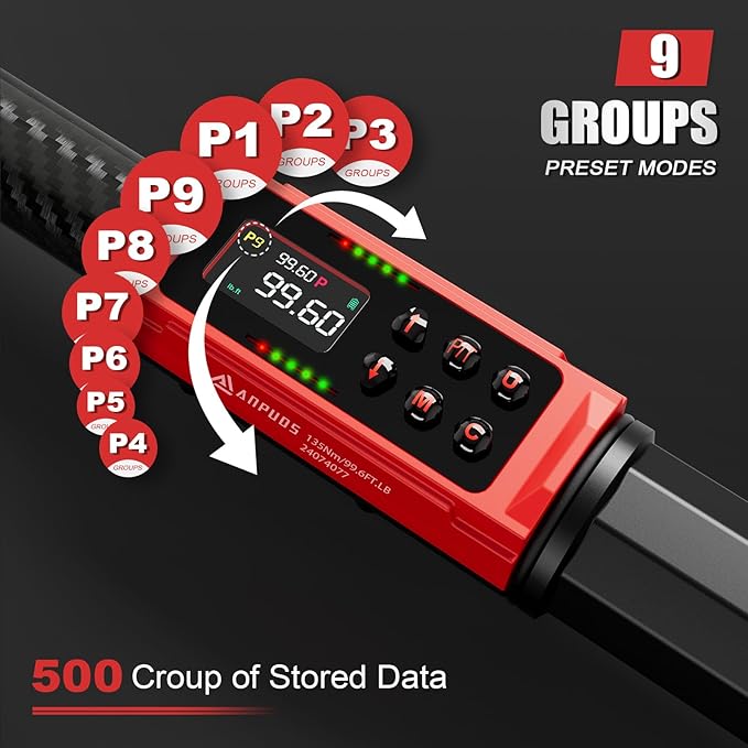 Digital Torque Wrench 3/8 Drive, Carbon Fiber Tube, 1.5-99.6Ft.lb/2-135Nm, ±1% Accuracy, Electric Torque Wrench Set with 3/8" to 1/2" Adapter, 125mm Extension Bar for Bike & Motorcycle