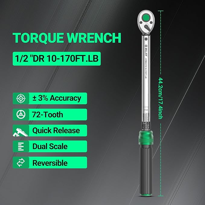 1/2-Inch Drive Click Torque Wrench, ±3% Accuracy, 72-Tooth Ratchet, 10-170 ft-lb/13-230 Nm, CR-V Steel, Pro Automotive & Motorcycle Repair Tool with Portable Case