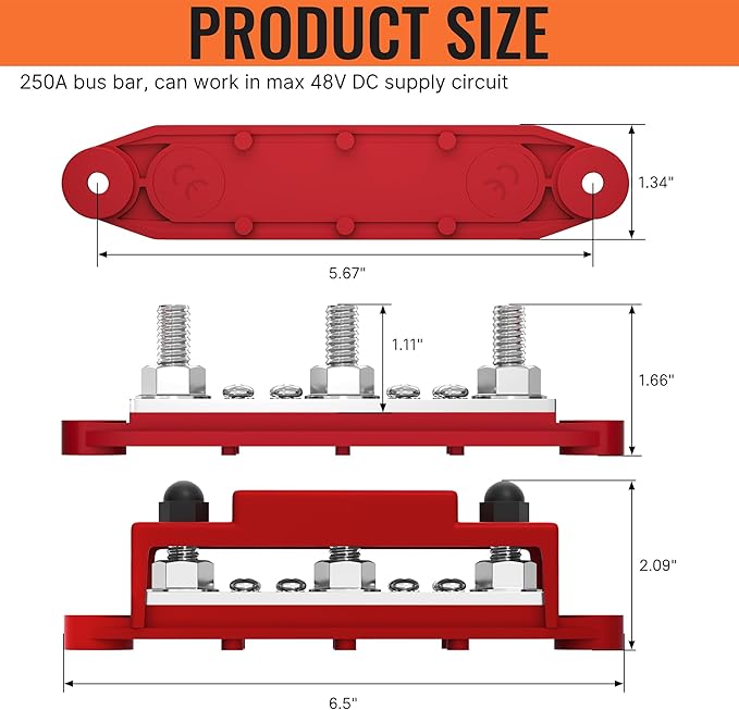 Joinfworld Bus Bar 250A 12V Power Distribution Block with 3 x 3/8"(M10) Studs Marine Bus Bar Terminal Block 12 Volt DC Battery Busbar with Cover - Negative&Positive