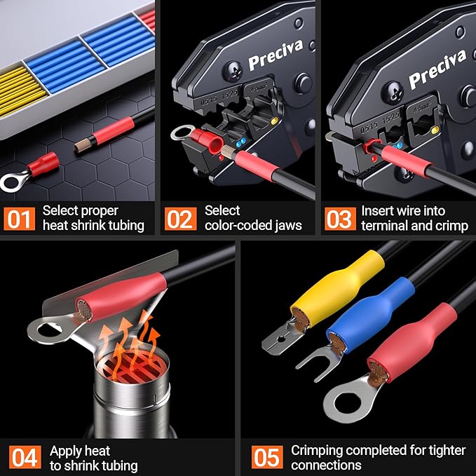 Preciva Crimping Tool with 490PCS Insulated Terminals and 110 Heat Shrink Tubes, AWG 20-10 Ratchet Crimping Pliers with Storage Case for Car, Electric