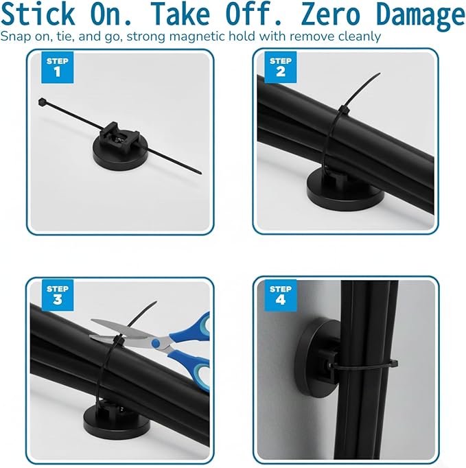 225 Pieces Magnetic Cable Ties Set, 25 Magnetic Zip Tie Mounts with 200 Cable Ties, Strong Wire Holder Cables Management, Multipurpose Electrical Cord Holders Organizer (31mm)