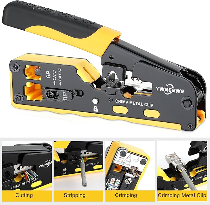 RJ45 Crimp Tool Kit Pass Through Ethernet Crimper Kit Cat5 Cat6 Cat7 Crimping Tool Kit,All-in-One Stripping Cutting Crimping Tool for RJ11/RJ12 Standard,RJ45 Pass Through Connectors