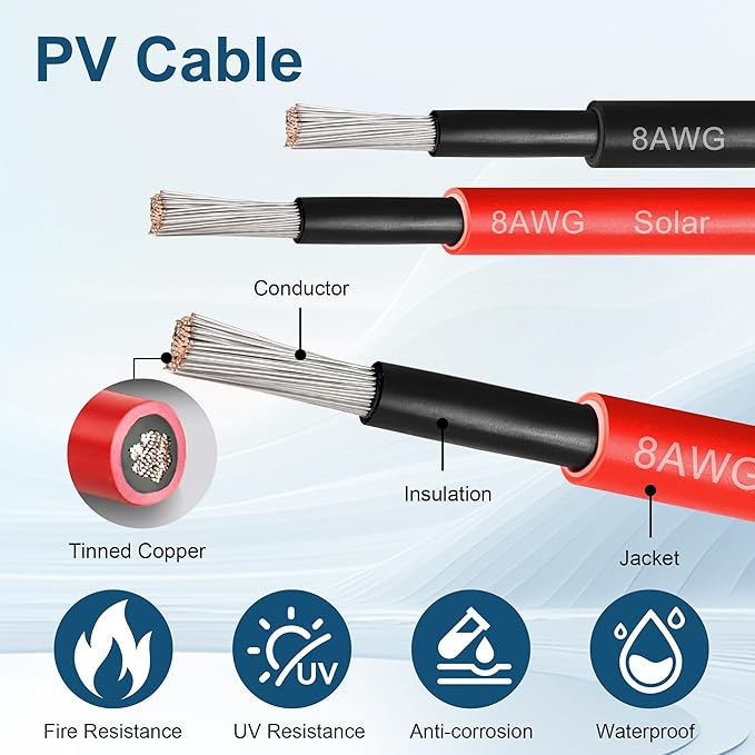 50 FEET 8AWG Solar Panel Extension Cable,8 Gauge Extension Cord, Solar Panel Wire with Extra Fair of Female and Male Quick Connectors Solar Adapter for RV, Off-Grid Systems (50FT Red + 50FT Black)