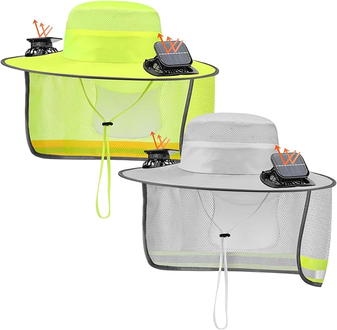 2 Pcs Sun Hat with Fan Solar&USB Powered for Men Women UPF 50+ UV Protection Wide Brim Safety Sun Hat for Out Work