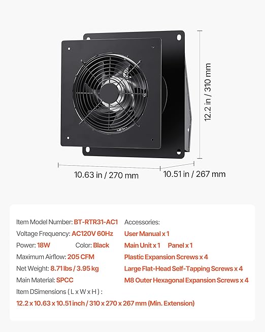 VEVOR Through-The-Wall Ventilation Fan with Cover, 205 CFM, 7-inch Diameter Exhaust Fan Hose, Adjustable Duct for Kitchen, Living & Laundry Room Workshop