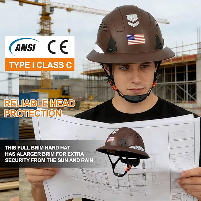 Full Brim Hard Hat ANSI Z89.1 Type 1 & OSHA Certified Safety Helmet with Glasses and Cooling Towel,with 6-Point Suspension & Adjustable Vents
