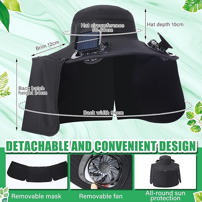 Chuarry Wide Brim Sun Hat with 2 Fan Outdoor Solar Powered USB Charging Fishing Hat with Neck Flap for Men Women