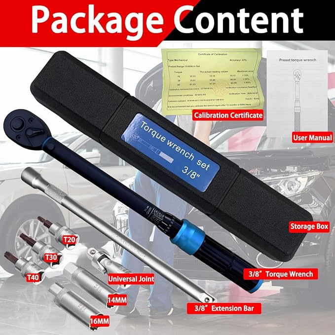 3/8" Drive Click Torque Wrench Set, 7.37~44.27 Ft-Lb/10-60 Nm, Magnetic Spark Plug Socket Set, ±3% Accuracy, 72-Tooth Dual Range Scales Torque Wrench for Bike, Motorcycle, Car
