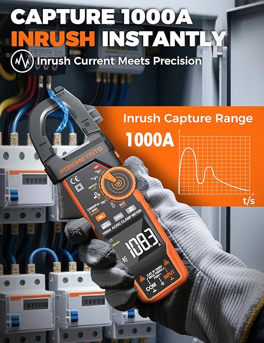 Inrush Clamp Meter With Flashlight,CM06Pro Clamp Multimeter,T-RMS 6000 Counts 1000A Amp Meter with VFD,LOZ,NCV,AC/DC Voltage Current,Continuity Capacitance Frequency Resistance Temperature