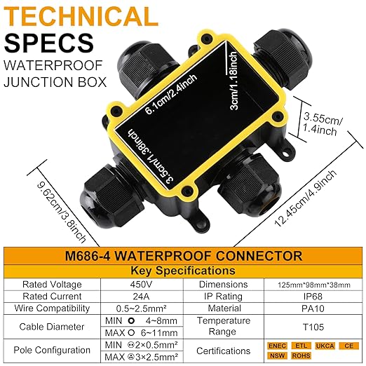 IP68 Waterproof Junction Box Outdoor,4-Way Electrical Junction Box Outdoor with 4 Cable M20 Gland Wire Connector Extension Electrical Cable Protector for Diameter Cable Ø4-12mm Black