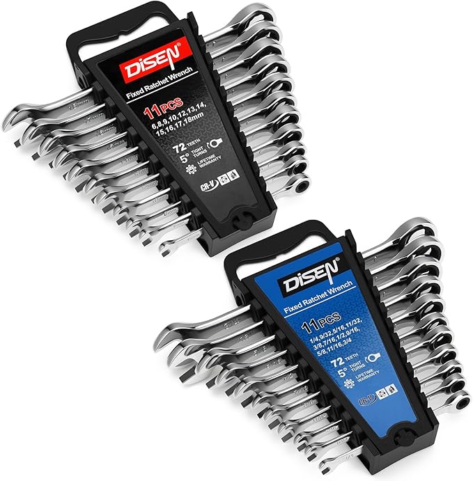 DISEN 22 PCS Ratcheting Wrenches Set, Combination Wrenches Set SAE & Metric Standard, 1/4" to 3/4" and 6-18mm Size, CR-V Steel, 12 Points 72-Teeth