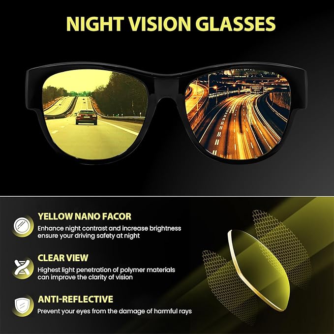 TJUTR Fit-Over Night Vision Driving Glasses for Men Women, Anti-Glare Polarized UV400 Yellow Lenses for Nighttime Safety