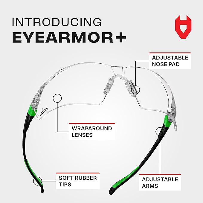 NoCry Safety Glasses with Clear Anti Fog Scratch Resistant Wrap-Around Lenses and No-Slip Grips, UV Protection. Adjustable, Black & Green Frames (10 pack)