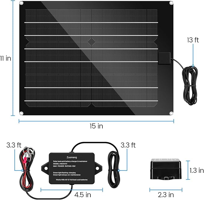 Solar Battery Charger Maintainer, Zuomeng 15W Solar Panel Kit for Dump Trailer Built-in Maintenance Pulse & Intelligent MPPT Charge Controller, Waterproof, Suitable for 12V Lead-Acid Battery