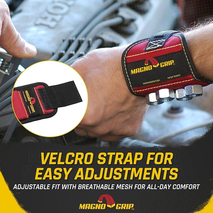 MagnoGrip Magnetic Wristband for Holding Screws, Nails, Drill Bits, Super Strong Magnets, Adjustable Strap, Essential Tool for DIYers, Handyman, Mechanics, Construction & Home Improvement - Red