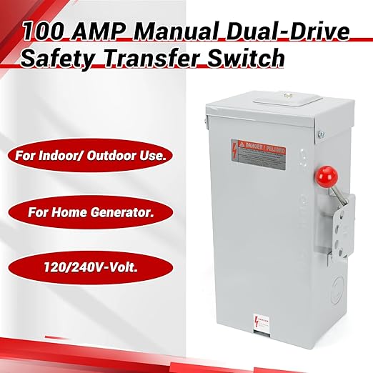 100A Manual Transfer Switch for Generator, 24000W General-Duty Double-Throw Safety Switch, 120/240-Volt Transfer Switches, NEMA 3R Standards for Outdoor & Indoor, 100 AMP 2P