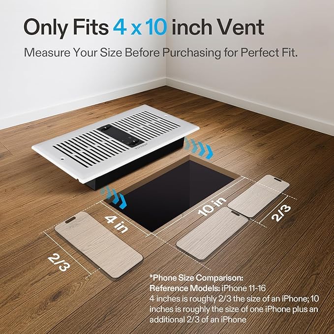 VIVOSUN Quiet Register Booster Fan for 𝟒" 𝐱 𝟏𝟎" Holes, Cooling Heating Vent Fan with 10-Speeds App Control &Adjustable Wind Direction, Thermostat Control for Bedroom, Bathroom &Attic, White