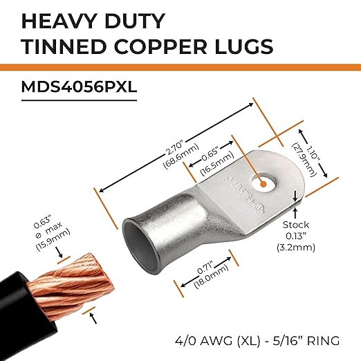 SELTERM 2pcs 4/0 AWG (XL) 5/16" Stud Tinned Copper Wire Lugs,Battery Lugs,Ring Terminals, Battery Cable Ends, 0000 Gauge Ring Terminal Connectors,UL Marine Grade Electrical Battery Terminal Connectors