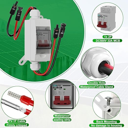 Solar Panel Disconnect Switch 32 Amp 500V DC Miniature Circuit Breaker with Plug-and-Play Connector and IP65 Waterproof Box for Outdoor PV or AC Stystem, RV and Solar