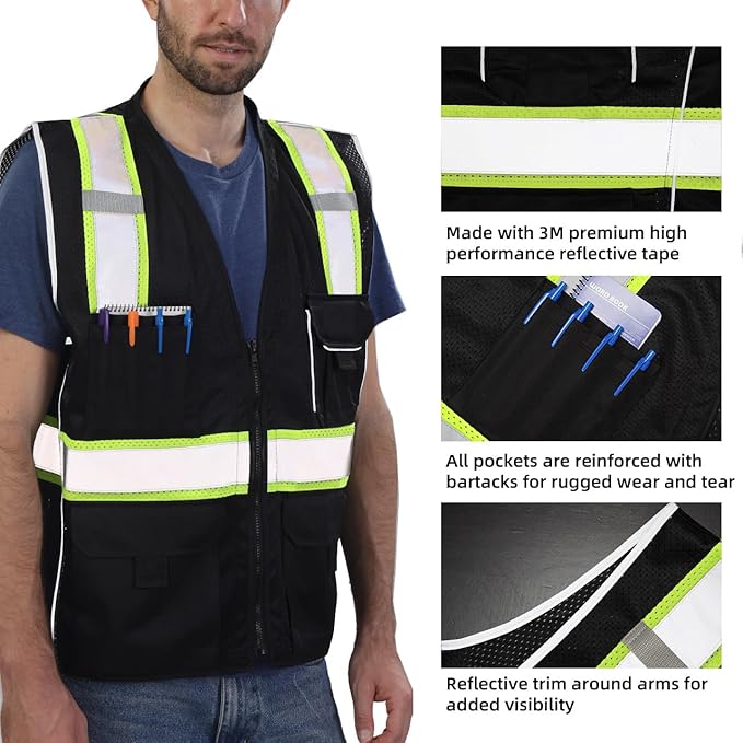 Dib Safety Reflective Vest Black Mesh, High Visibility Vest with Pockets and Zipper, Heavy Duty, Made with 3M Reflective Tape, 2XL