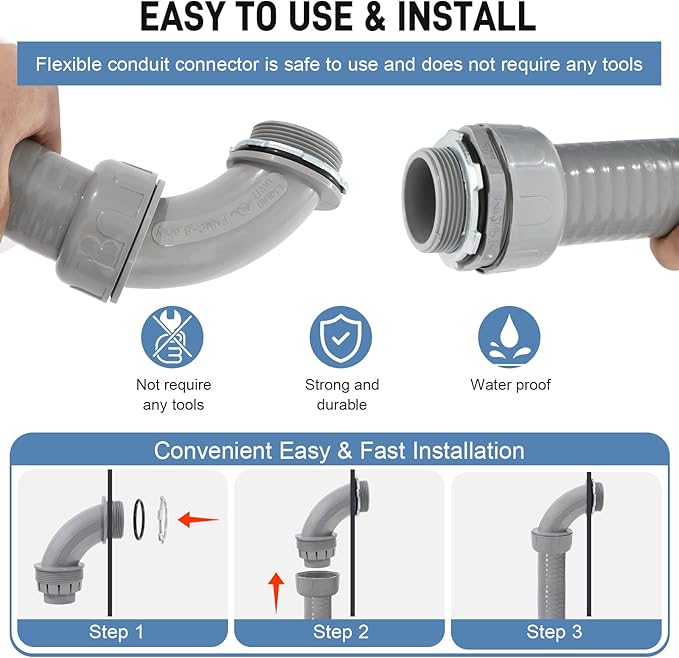DWALE Liquid-Tight Conduit and Connector Kit,Flexible Non Metallic Liquid Tight Electrical Conduit,1-1/2inch 25ft Electrical Conduit Kit,with 4 Straight and 3 Angle Fittings Included,1-1/2 in. Dia