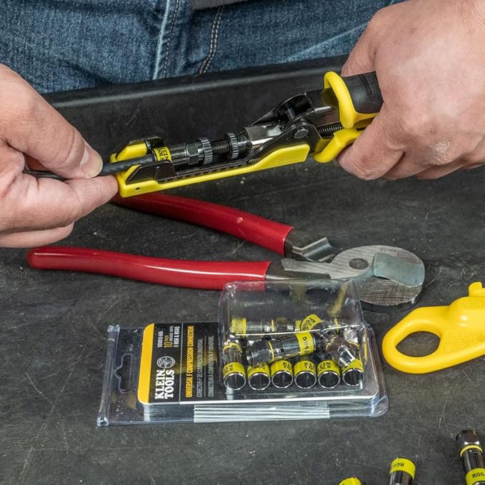 Klein Tools 80151 Coax Cable Compression Crimper and Stripper Set with 10-Pack of RG6/6Q F-Connectors for Fast and Reliable Installation, 3-Piece