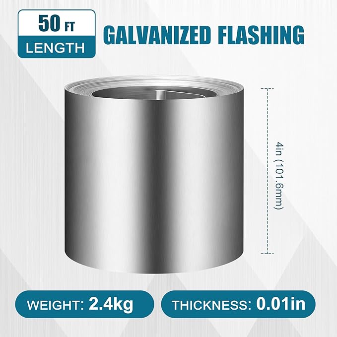 Hicarer 4'' x 50' Galvanized Flashing Roll 0.01 Inch/ 0.2 mm Thickness for Roof and Garden Prevents Metal Roofing Stains Roof Strip for Moss Prevention Home Panel Measurements General Purpose